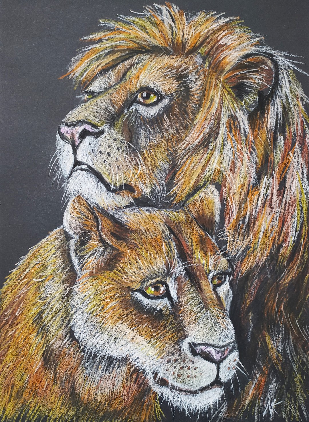 PORTRAIT OF A PAIR OF LIONS PAINTING OIL PASTEL ORIGINAL ART REALISM - 墙贴/壁贴 - 纸 咖啡色