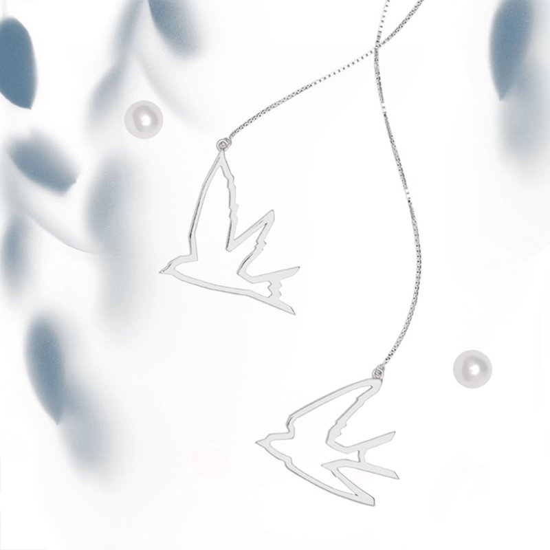 镂空飞鸟银耳线 燕子夸张不对称长款珍珠耳环 闺蜜女友生日礼物 - 耳环/耳夹 - 银 银色
