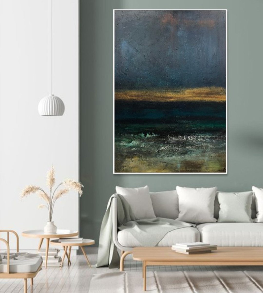 大型抽象绿色和蓝色画布压克力海洋画 - 墙贴/壁贴 - 压克力 蓝色