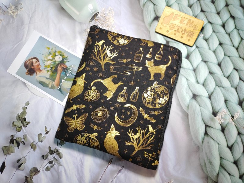 动物系列-美国限量布满版黑底烫金猫与鸟布L型拉链袋电子书保护套 - 平板/电脑保护壳 - 棉．麻 