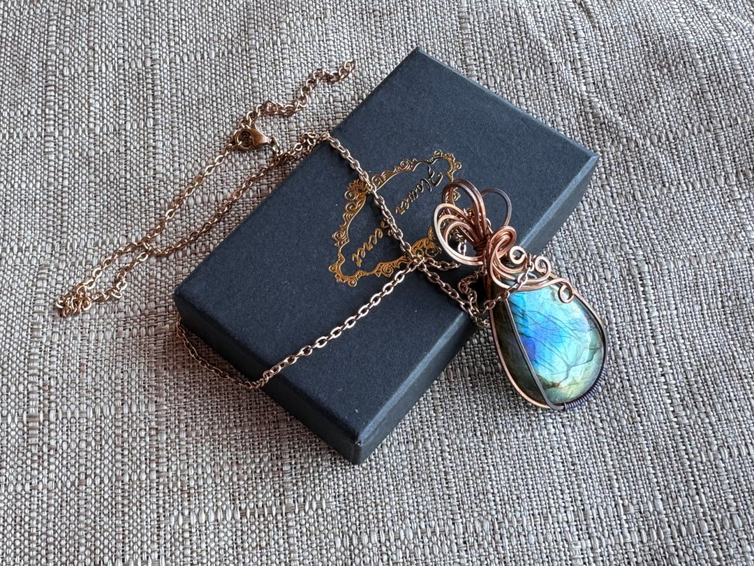 230618 wire wrapping 拉长石 铜线 绕线 吊堕 - 项链 - 铜/黄铜 绿色