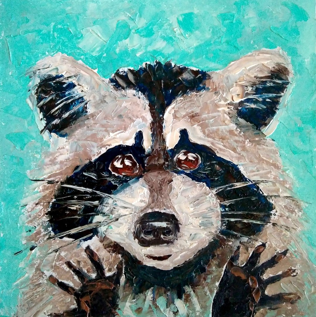 Raccoon Original Painting, Animal Wall Art, Woodland Picture, Wildlife Art. 手工油畫 - 海报/装饰画/版画 - 其他材质 多色