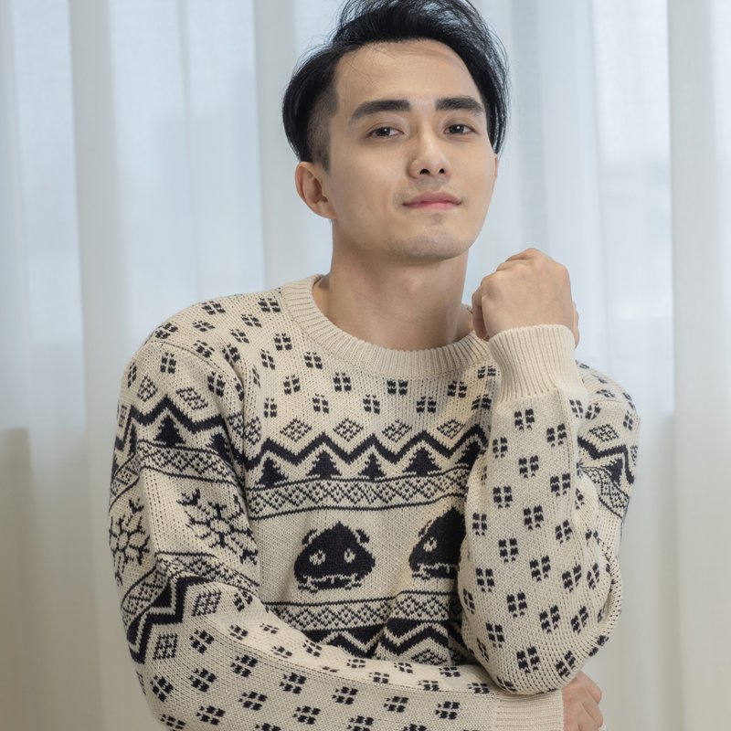 复古图腾小怪兽针织毛衣 - 男装针织衫/毛衣 - 聚酯纤维 白色