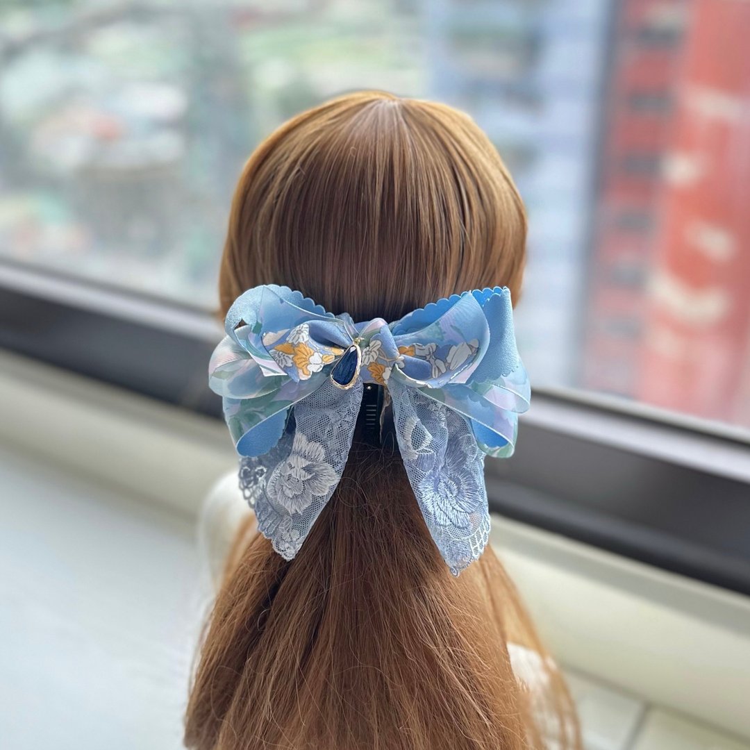 印花纱蕾丝蝴蝶结相交夹香蕉夹仙女夹发夹-蓝灰橘色 - 发饰 - 其他材质 蓝色
