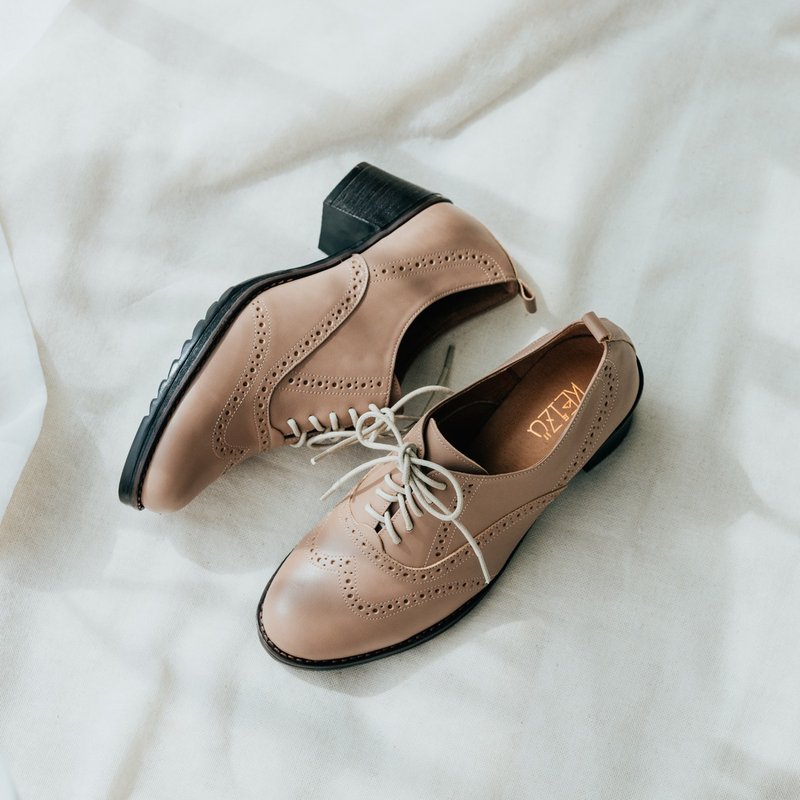 五厘米雕花牛津跟鞋 踝靴| 奶茶 | 台湾手工鞋MIT - 女款牛津鞋/乐福鞋 - 真皮 卡其色