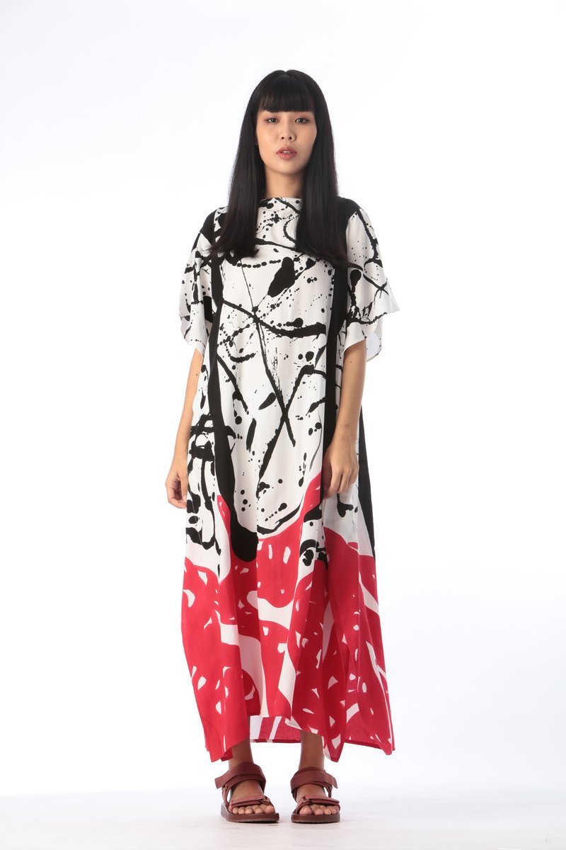 Hand Painted Cotton Silk Kaftan for Summer Resort Vacation F - 洋装/连衣裙 - 棉．麻 白色