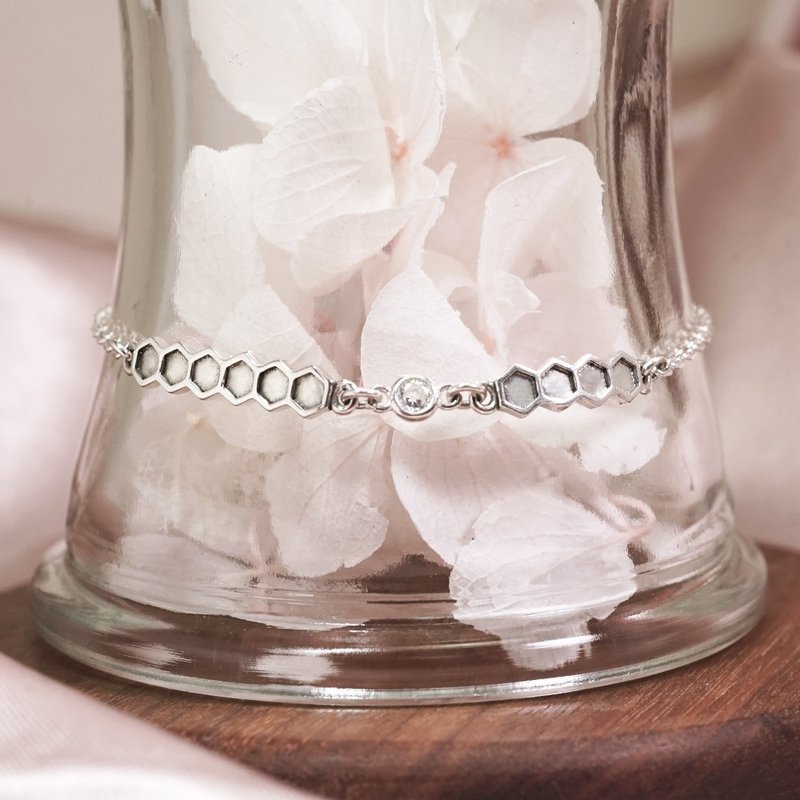 六角方晶 纯银手链 圆钻双排设计 925纯银 21周年纪念手链 - 手链/手环 - 纯银 银色