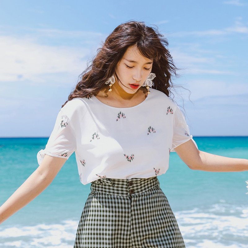 【6.5全场9折起】安妮陈夏装新款袖子系带绣花T恤 YMX8250 - 女装 T 恤 - 其他材质 白色