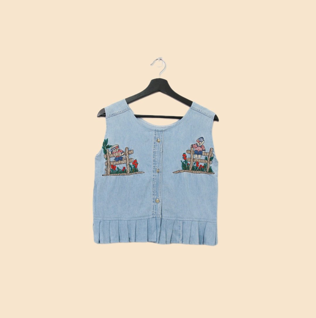 Back to Green-丹宁刺绣背心 篱笆花园 小熊 dv-34//vintage vest - 女装背心 - 棉 