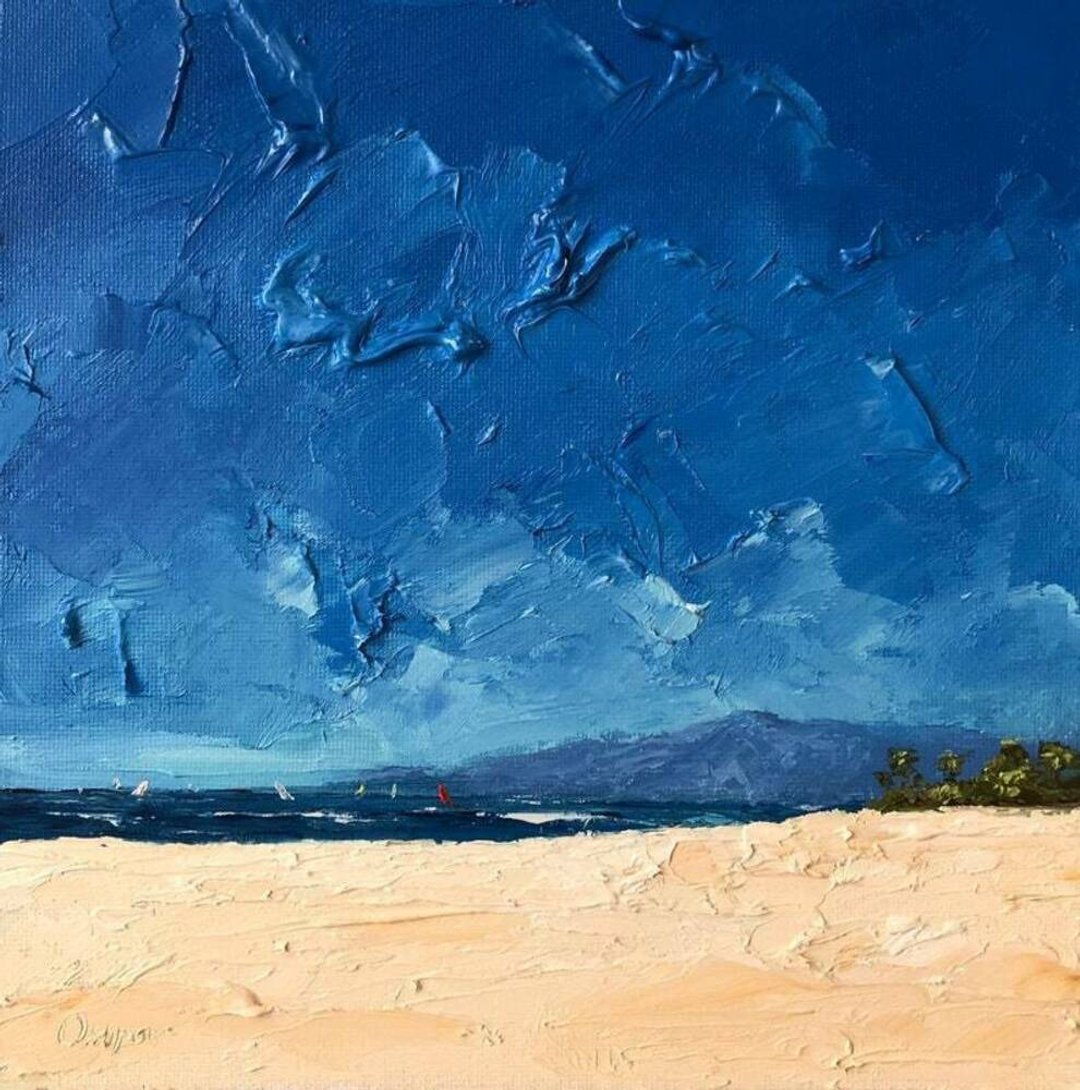Original Blue Landscape Beach Oil Painting On Canvas Seascape Textured Impasto - 墙贴/壁贴 - 棉．麻 多色