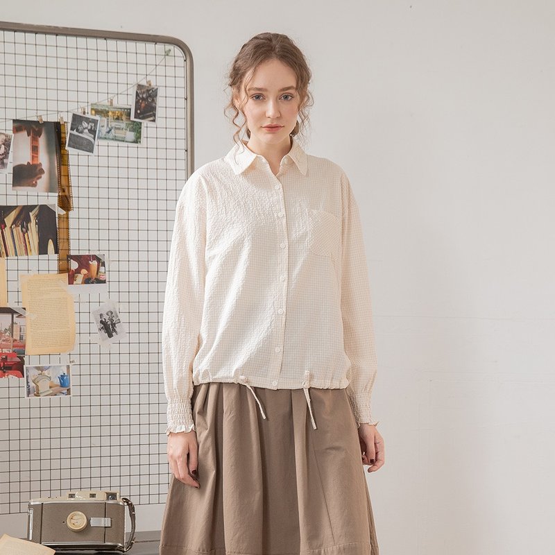 Hana Mokuba 甜美细格纹绑带收口衬衫 - 女装衬衫 - 其他材质 