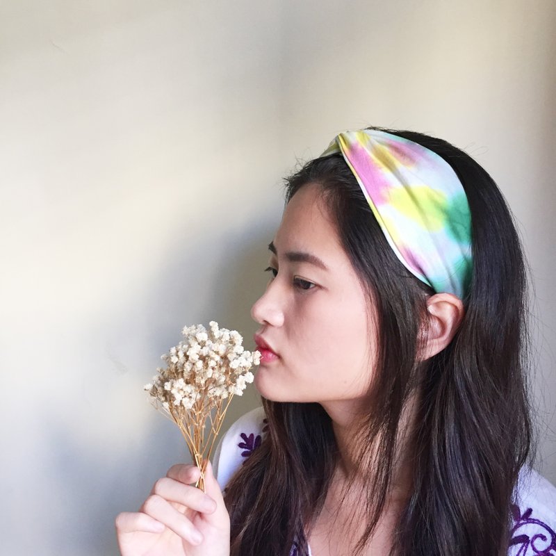 : 花丛 : 发带 松紧 手染 渲染 礼物 - 发饰 - 棉．麻 粉红色