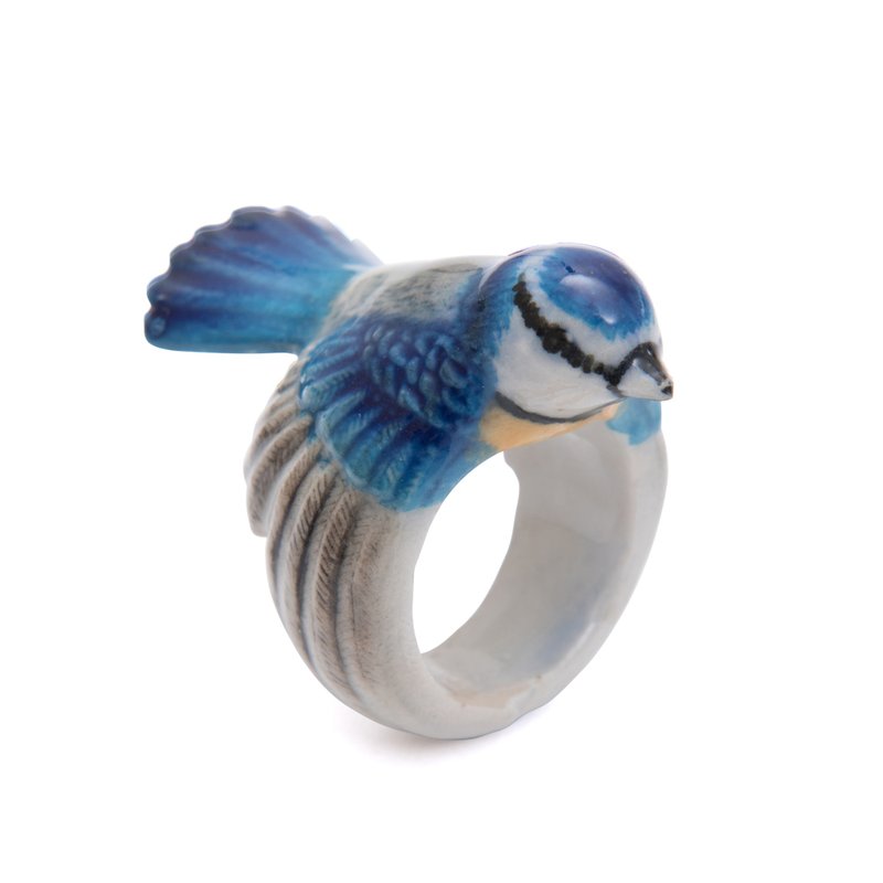AndMary 手绘瓷戒指-蓝雀 礼盒装 Blue Tit Ring - 戒指 - 瓷 蓝色