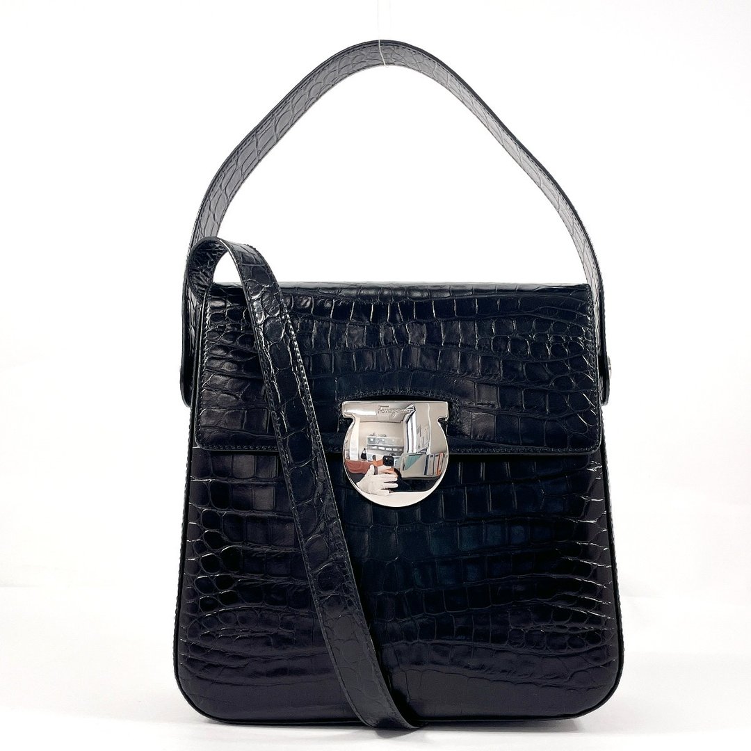 【日本直送 二手美品】Salvatore Ferragamo 手提包 2WAY AQ-21 8297 压纹 皮革 黑色 - 手提包/手提袋 - 真皮 黑色