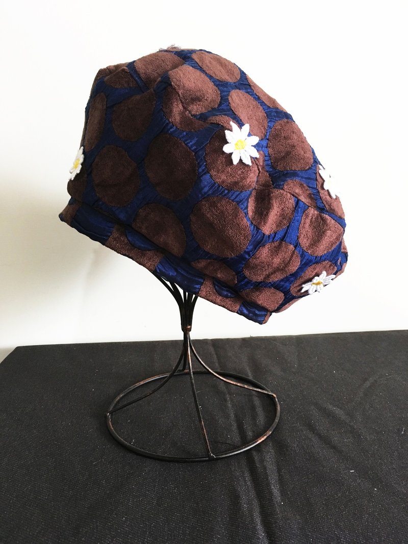 【Qucky】小花乐园／贝蕾帽 - 帽子 - 棉．麻 蓝色