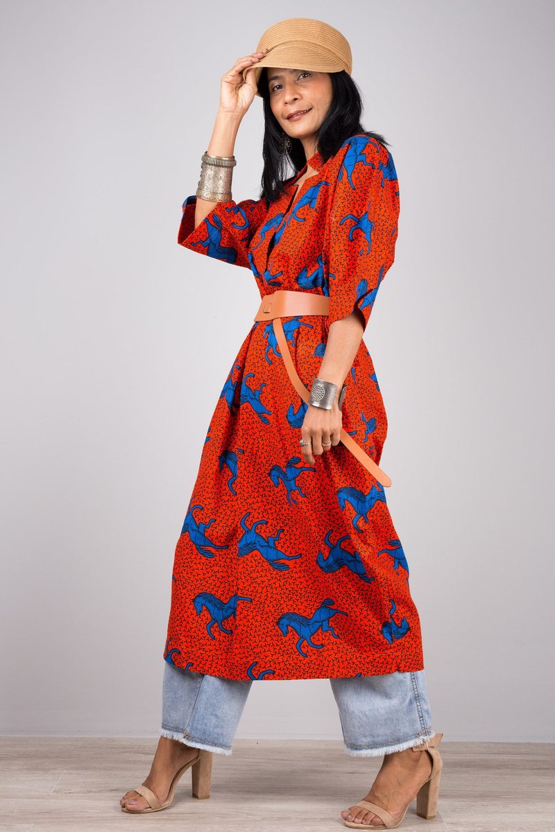 Midi Ankara loose fit dress with pockets, one-piece dress , unique design - 洋装/连衣裙 - 棉 多色