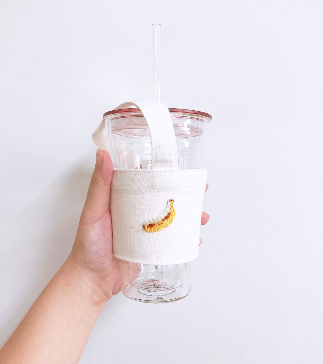 【小熊比比】香蕉刺绣米白饮料杯袋 - 随行杯提袋/水壶袋 - 棉 白色
