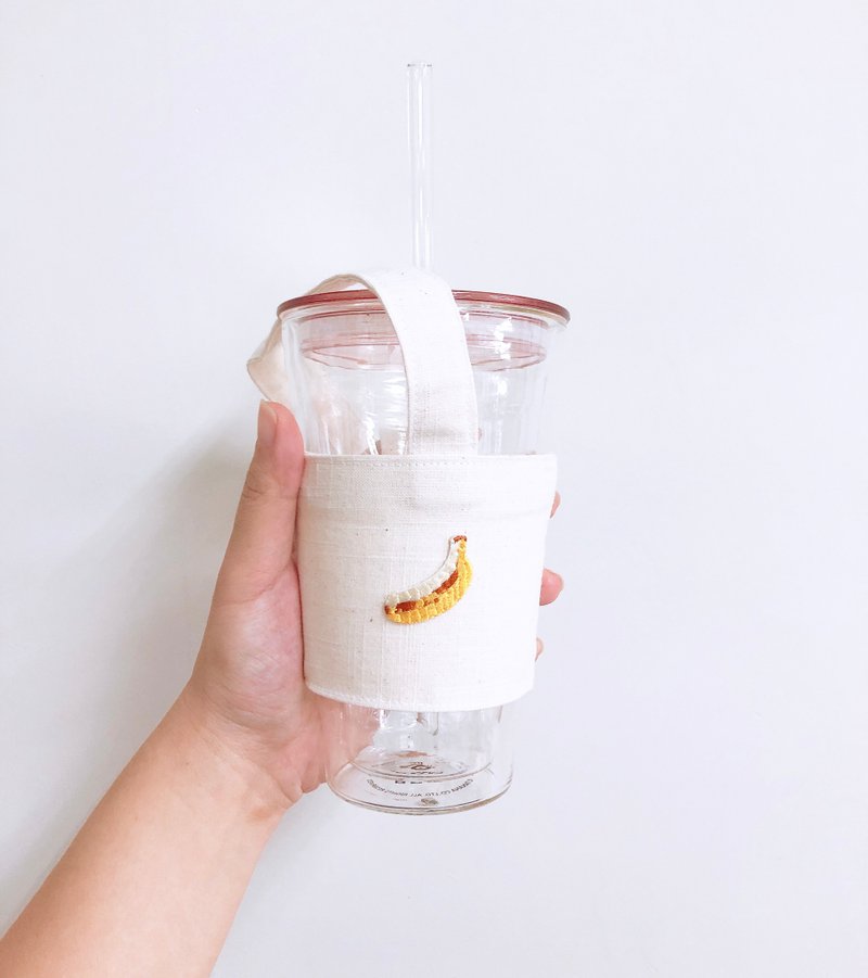 【小熊比比】香蕉刺绣米白饮料杯袋 - 随行杯提袋/水壶袋 - 棉．麻 白色