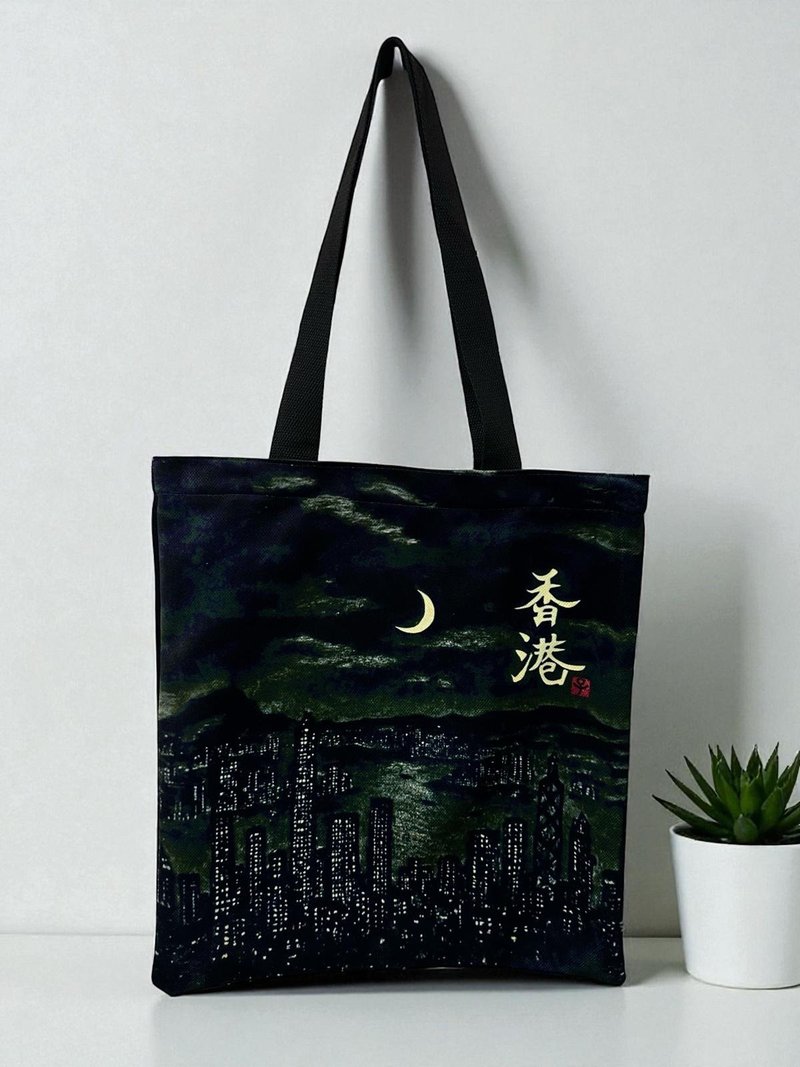 【Tote Bag - 手绘图画】香港之夜 - 侧背包/斜挎包 - 棉．麻 