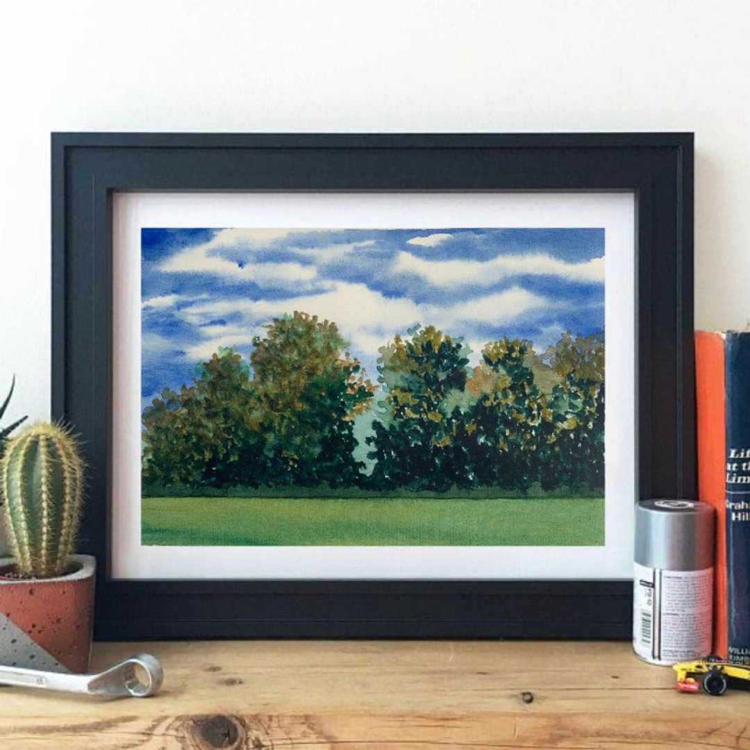 Original Watercolor Landscape Trees Painting Field Landscape Blue Sky Artwork - 墙贴/壁贴 - 纸 多色