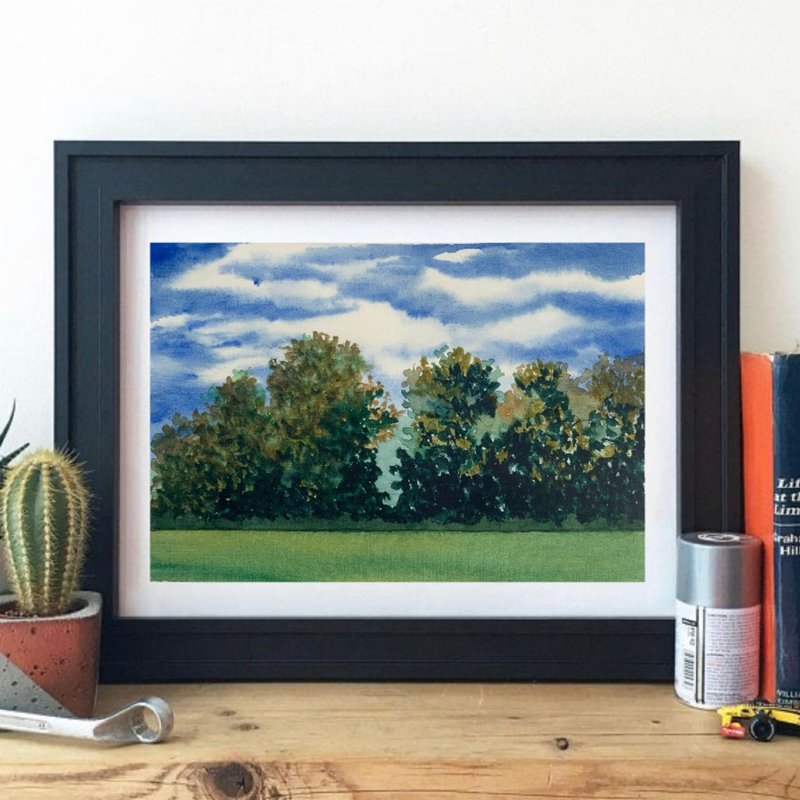 Original Watercolor Landscape Trees Painting Field Landscape Blue Sky Artwork - 墙贴/壁贴 - 纸 多色