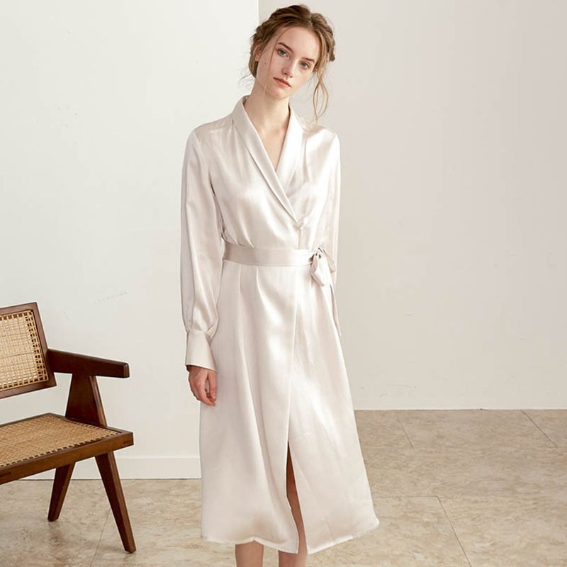 JOJW法式优雅100%桑蚕丝睡袍 真丝晨袍中长款女士结婚秋冬可外穿 - 居家服/睡衣 - 丝．绢 银色