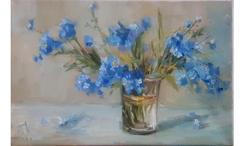 花卉画  勿忘我原创艺术 这挂在墙上 布面油画 花束墙艺术 - 海报/装饰画/版画 - 其他材质 蓝色