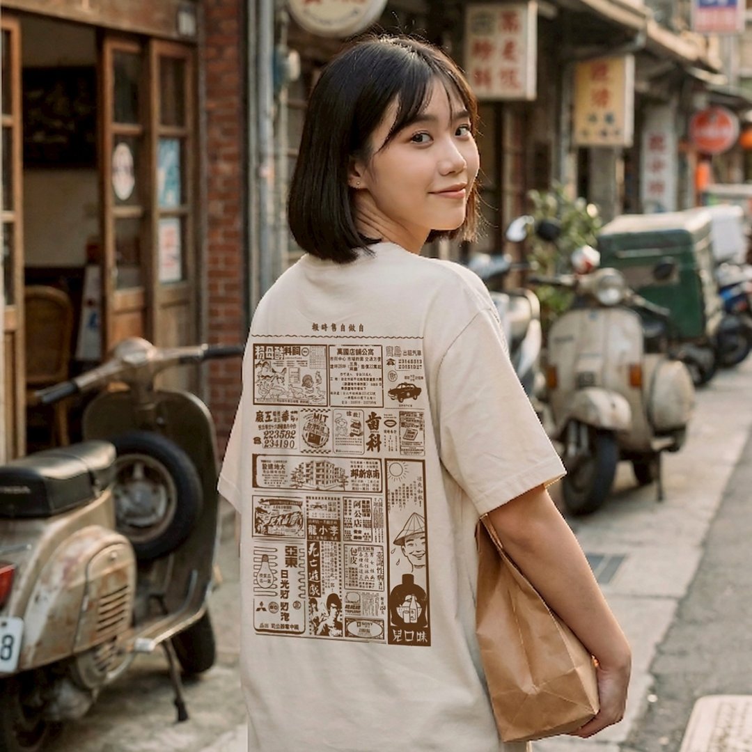 复古 T-shirt－老广告 (卡其) 中性 男女皆宜 男生礼物推荐 - 女装 T 恤 - 棉 卡其色