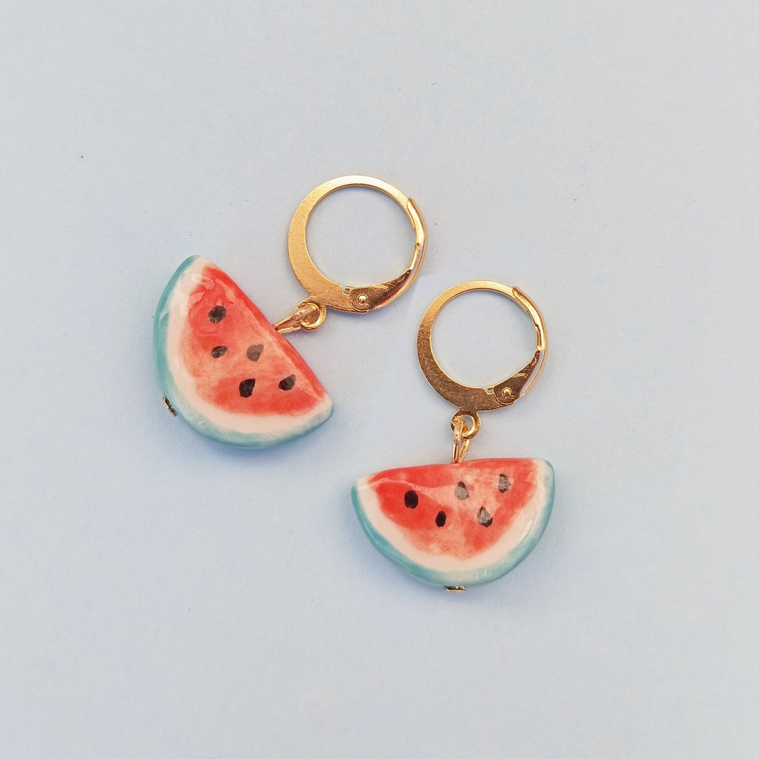 西瓜耳环 – 手工陶瓷饰品 - TUTTI FRUTTI 系列 - 耳环/耳夹 - 瓷 红色