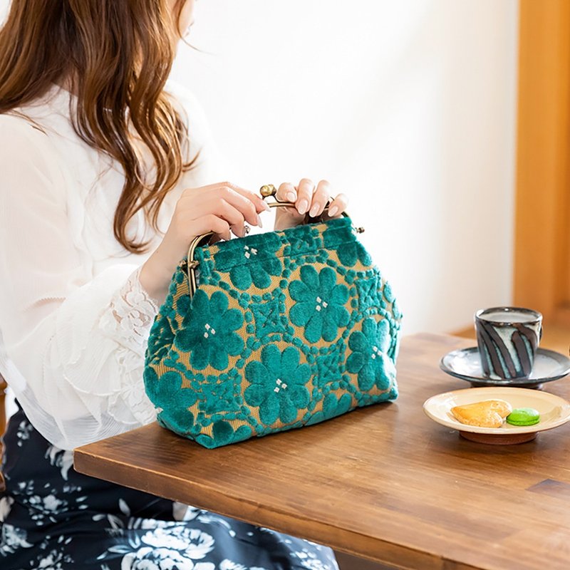 横长便携口金包 织锦花之环 手提包 Frame Bag 附牛皮提把 日本制 - 手提包/手提袋 - 聚酯纤维 紫色