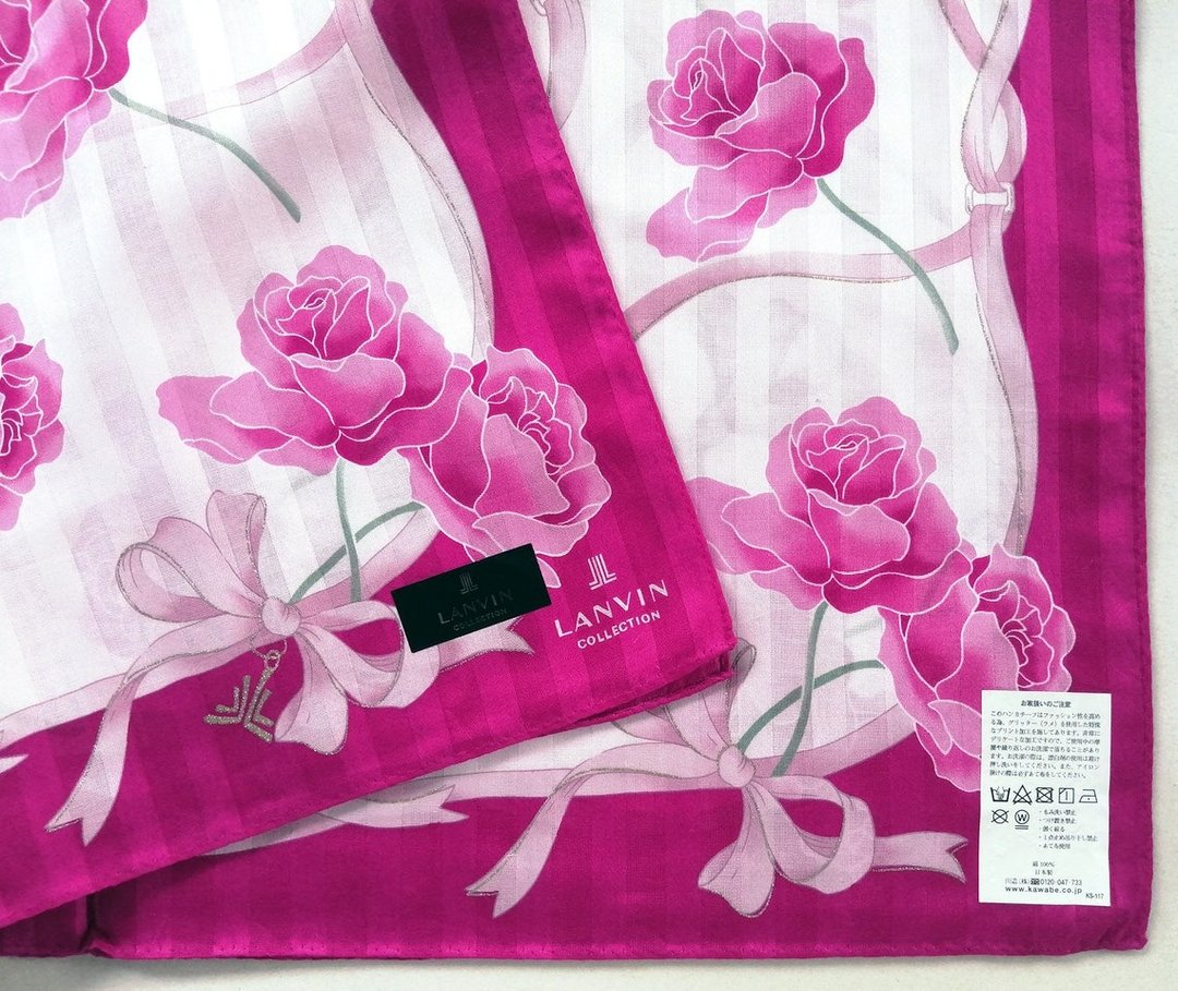 Lanvin 复古丝棉混纺手帕，粉色玫瑰印花，尺寸 23 x 23 英寸。 - 丝巾 - 棉 紫色