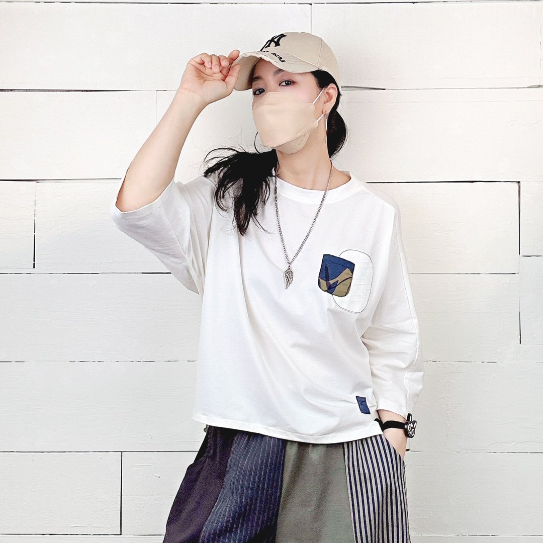 白 - 拼花抓褶前短后长七分袖上衣 #U1162 - 女装上衣 - 棉 白色