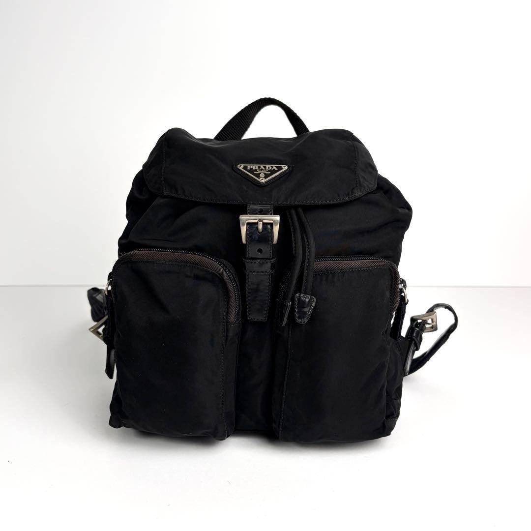 绝版古董品 Prada 黑色银标尼龙双肩包 后背包 背囊 中古包 二手包 - 后背包/双肩包 - 防水材质 黑色