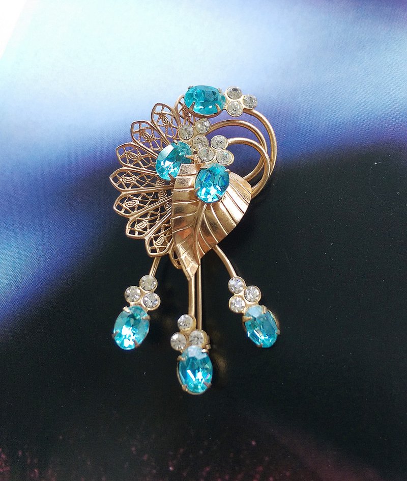 Vintage Jewelry 西洋古董饰品 优美蓝 花叶 别针 项链坠 两用 - 徽章/别针 - 其他金属 金色