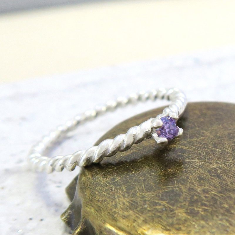 客制订制-麻花爪镶戒 纯银电镀玫瑰金+紫色锆石 - 戒指 - 银 紫色