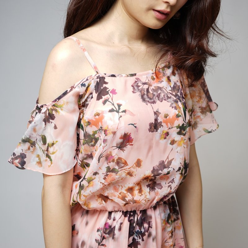 炎夏对策系列 仙女 不对称 花朵 开衩长洋装 - 洋装/连衣裙 - 聚酯纤维 粉红色