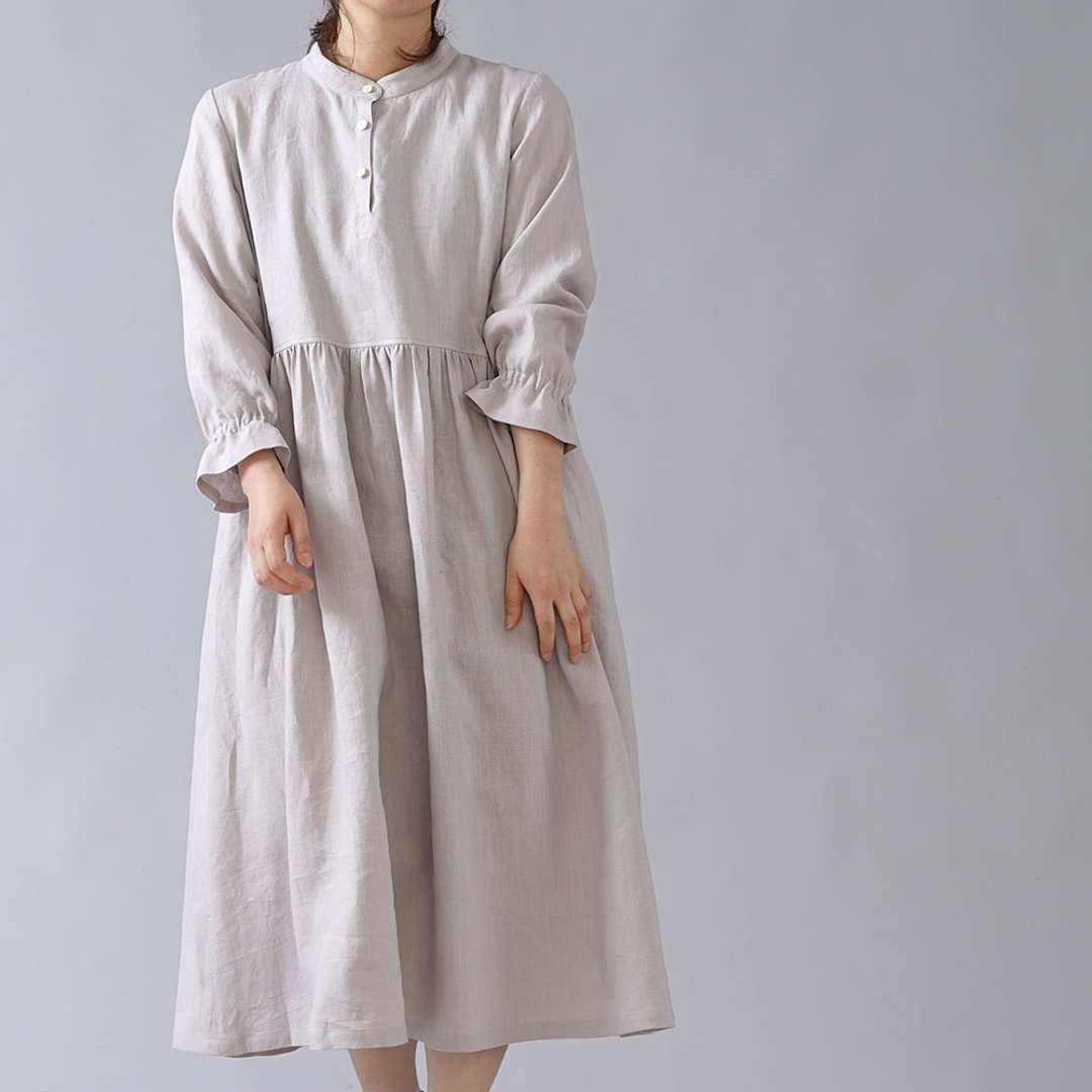 wafu --Jun Ama Hiroshi Standing collar and Gathered Linen Dress / Light Pale Pink a072a-hzk1 - 洋装/连衣裙 - 亚麻 粉红色