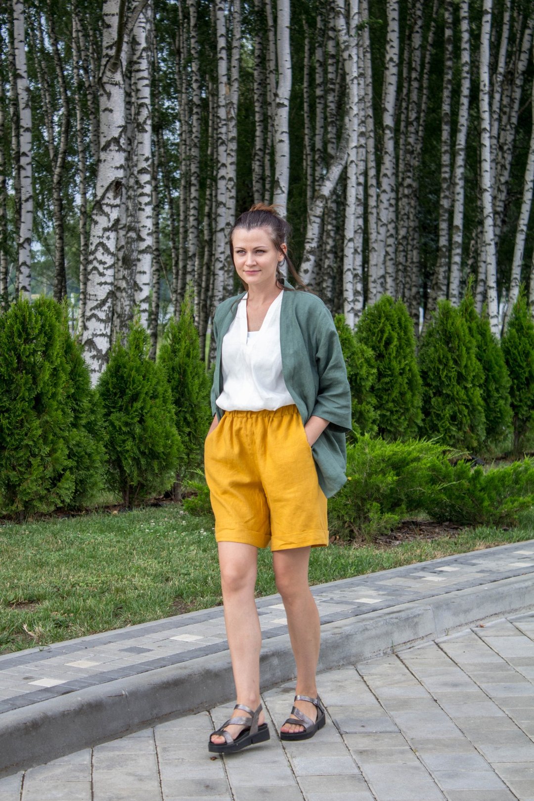 Mustard Linen Shorts Women - High waisted shorts - Linen Shorts with pockets - 女装短裤 - 亚麻 橘色