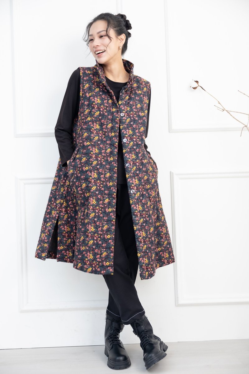 红橘粉小花立领长版背心 蓝色 - 女装背心 - 其他材质 蓝色