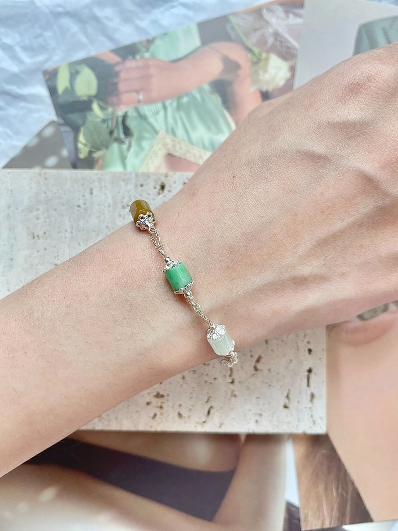 缅甸玉A玉翡翠-多采路路通翡翠925银手链 送礼 玉 礼物 天然石 - 手链/手环 - 玉石 银色