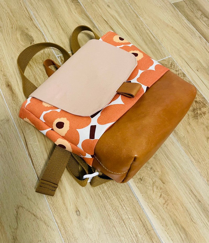 北欧花布拼接后背包 亲子包 皮革手工缝制 - 后背包/双肩包 - 真皮 粉红色
