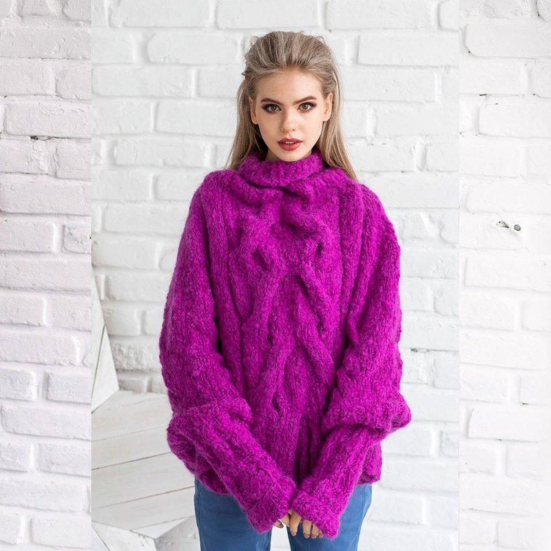 Fuchsia Oversize Poncho Sweater. Hand Knitted. High-quality handmade. 紫红色毛衣 - 女装针织衫/毛衣 - 羊毛 紫色