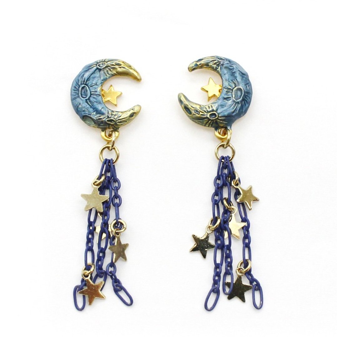 Crescent Moon / von Brown Earrings PA408 - 耳环/耳夹 - 其他金属 蓝色
