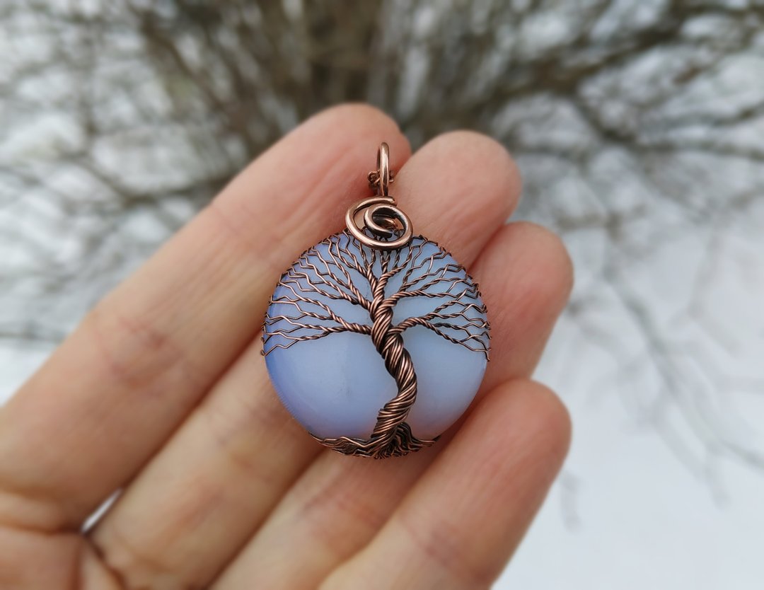 Opalite copper wire wrapped tree of life pendant necklace gift for her and him - 项链 - 其他材质 透明