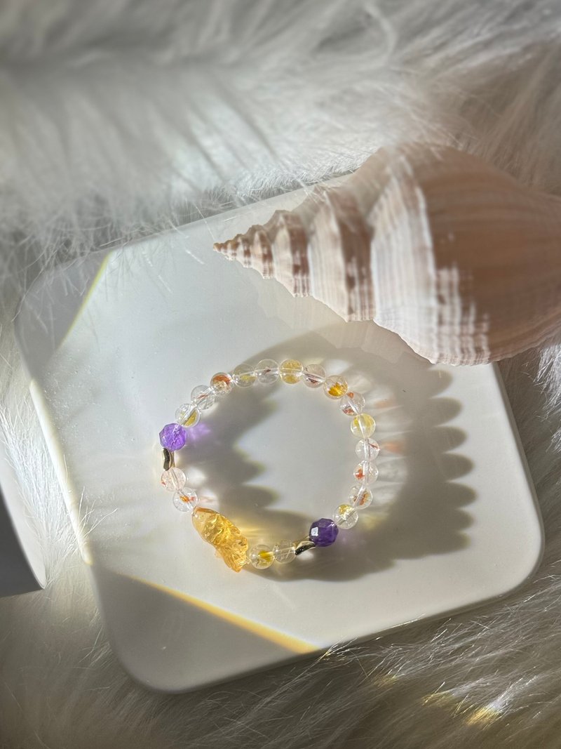 定制化 | 金鱼与锦鲤 |手工雕刻黄水晶、锦鲤胶花、紫水晶 - 手链/手环 - 水晶 黄色