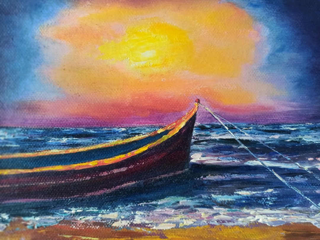 船油画 15x20 厘米 帆布 月光海景 艺术品 小型墙壁艺术 - 海报/装饰画/版画 - 其他材质 多色