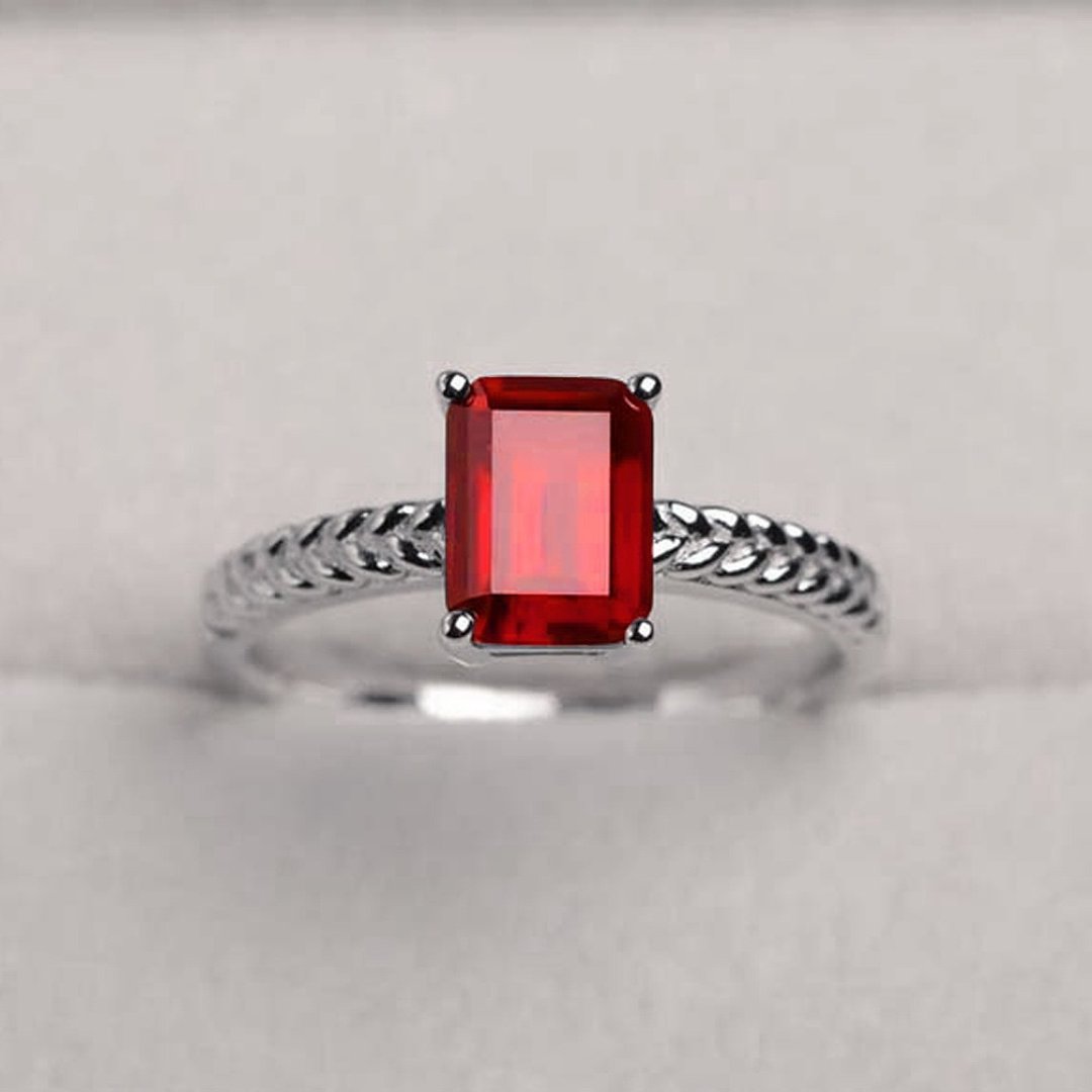 方形 9x7 mm 红宝石银戒指 婚戒或生日戒指 - 戒指 - 纯银 红色