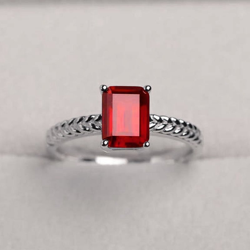 方形 9x7 mm 红宝石银戒指 婚戒或生日戒指 - 戒指 - 纯银 红色