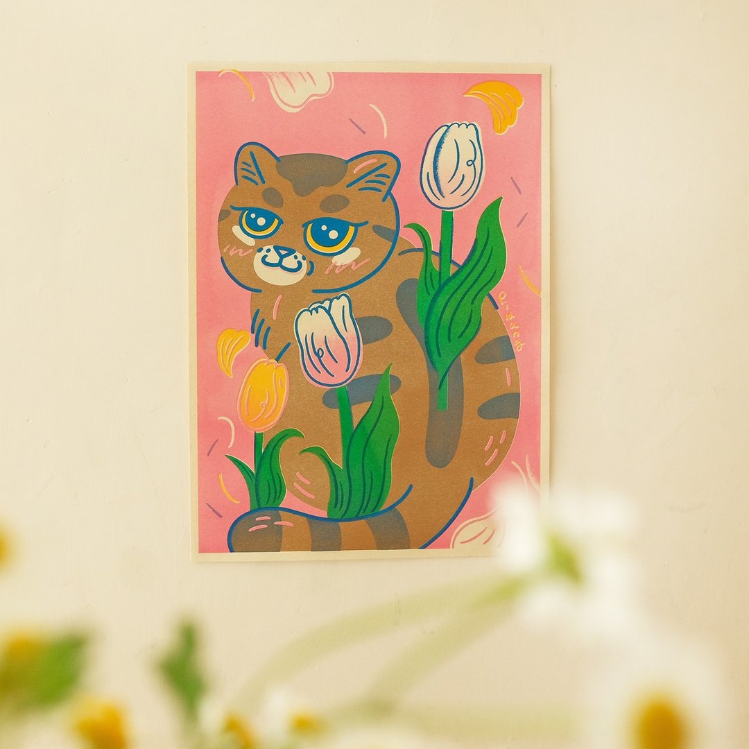 猫与花海报 / 拍拍 X 郁金香 / A4 孔版印刷 - 海报/装饰画/版画 - 纸 粉红色