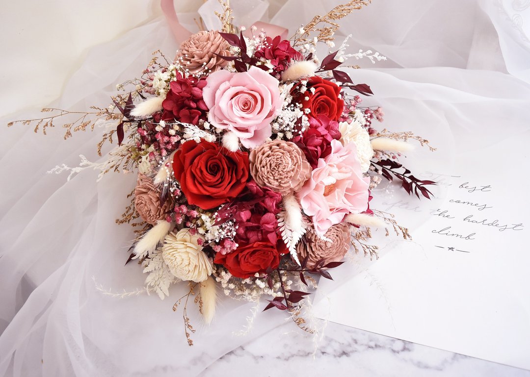 粉红玫瑰捧花 干燥花 不凋花 捧花 结婚 新年 胸花 婚礼小物 婚礼 - 干燥花/捧花 - 植物．花 红色
